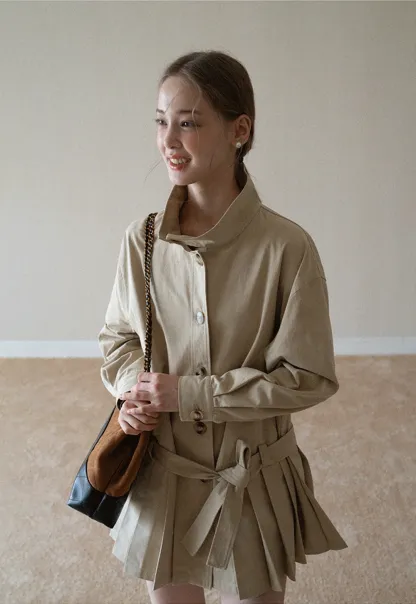 Womens Khaki High Neck Pleated Hem Trench Coat