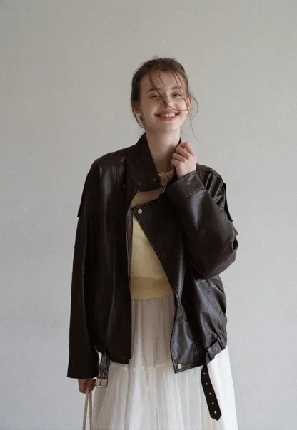 Funnel-Neck Leather Jacket