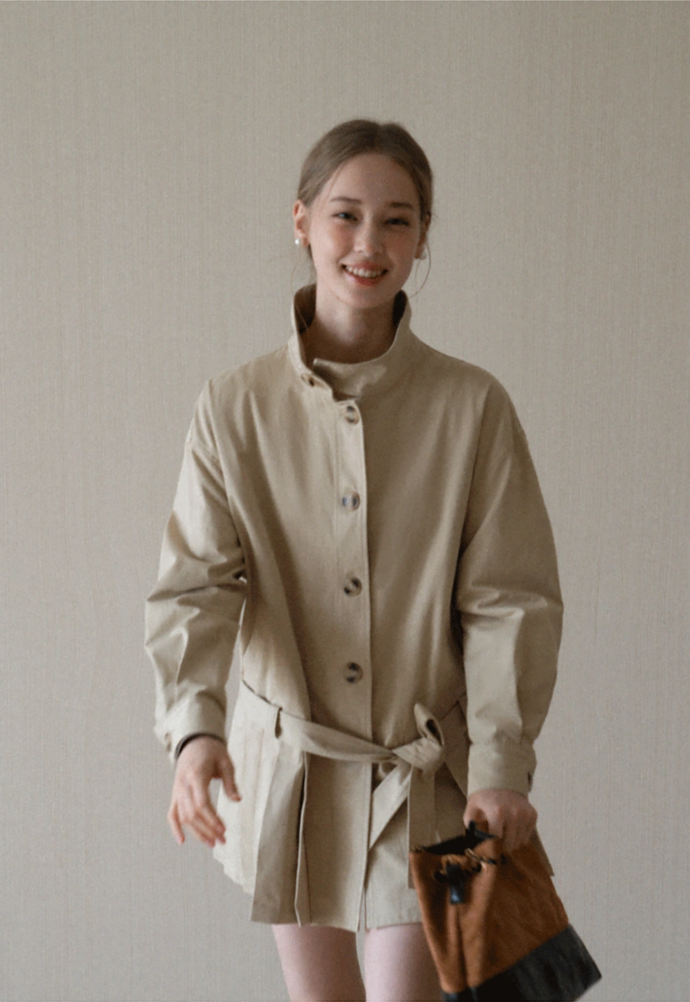 Womens Khaki High Neck Pleated Hem Trench Coat