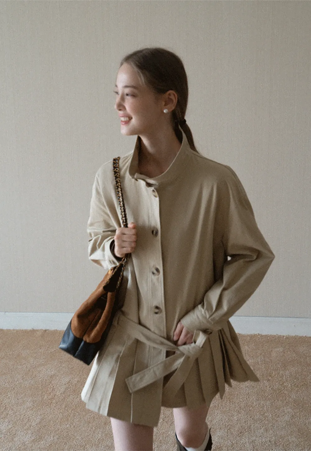 Womens Khaki High Neck Pleated Hem Trench Coat