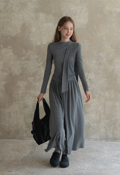 Relaxed Grey 2 Piece Outfit Long Sleeve Tee and Skirt