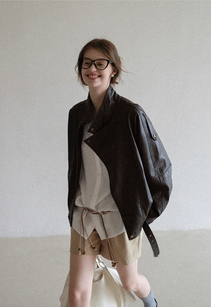 Funnel-Neck Leather Jacket