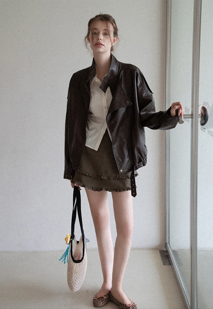 Funnel-Neck Leather Jacket