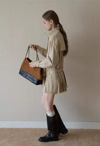 Womens Khaki High Neck Pleated Hem Trench Coat