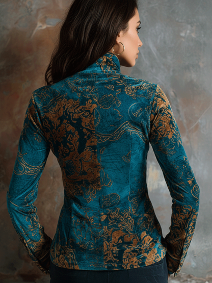 Boho Chic Vintage Peacock Blue Velvet Golden Print Fit Blouse