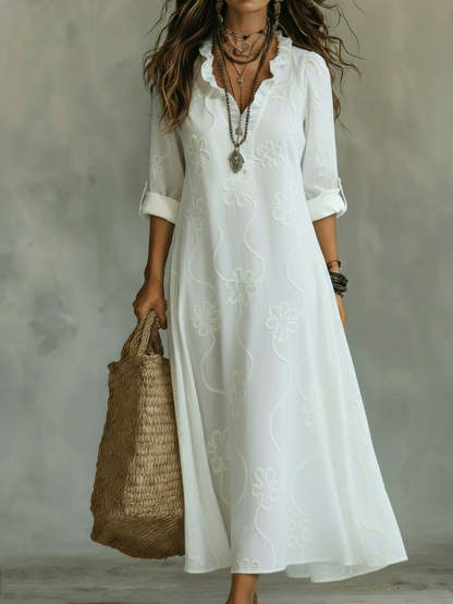 Embroidered V Neck Maxi Dress Casual Fit
