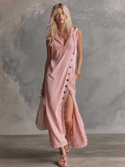 Elegant Retro Sporty Hooded V-neck Sleeveless  Lace Trim Side Slits And Button Pink Cotton Midi Dress