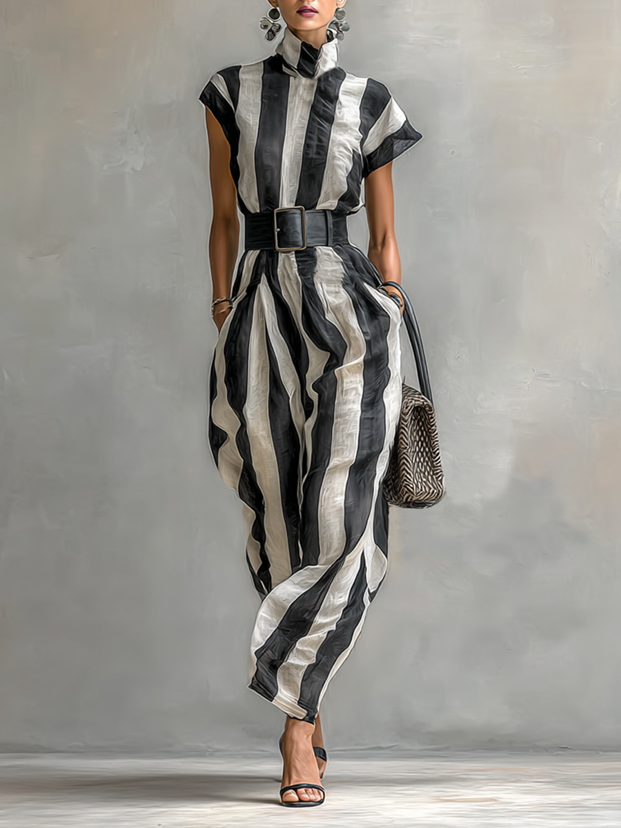 Women's High Collar Chiffon Short Sleeve Belt Maxi Dress MDA0987G2Y