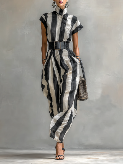 Women's High Collar Chiffon Short Sleeve Belt Maxi Dress MDA0987G2Y