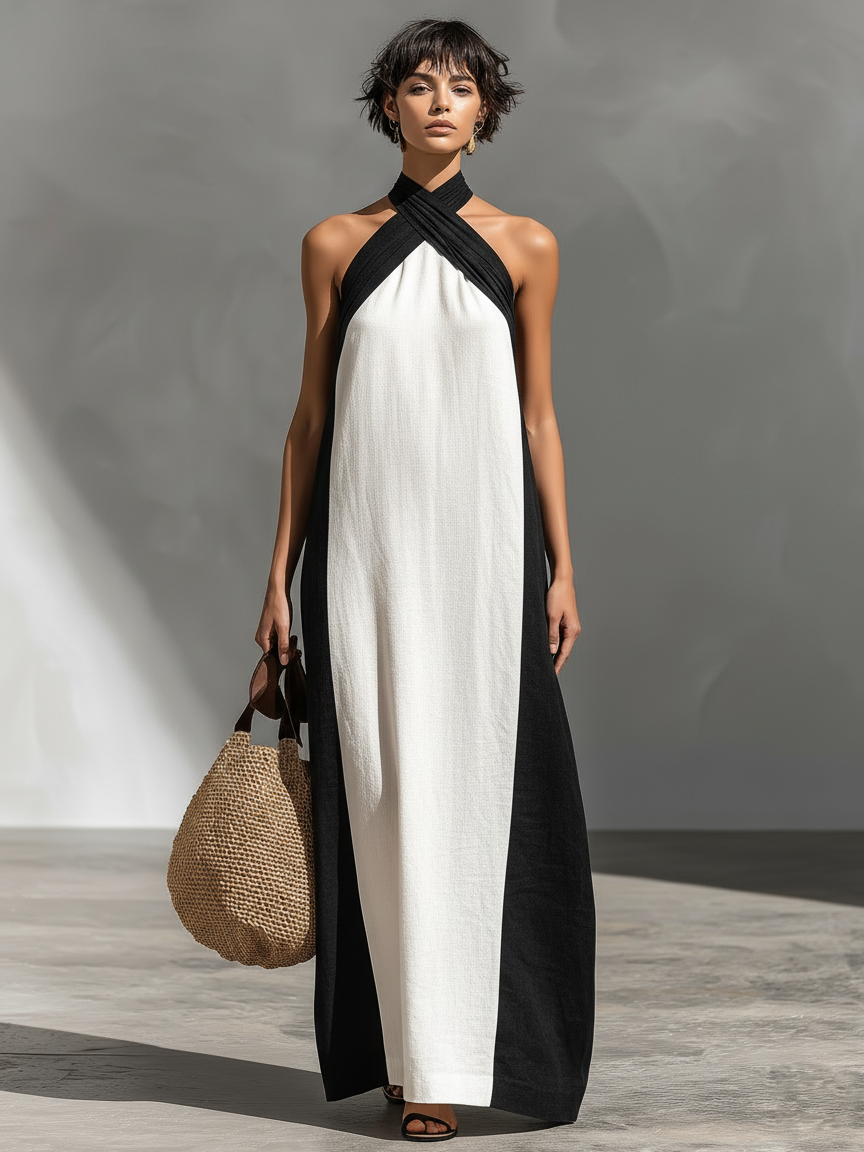 Women's Minimalist Halter-neck Color-block Maxi Dress MDZ3127A4Y