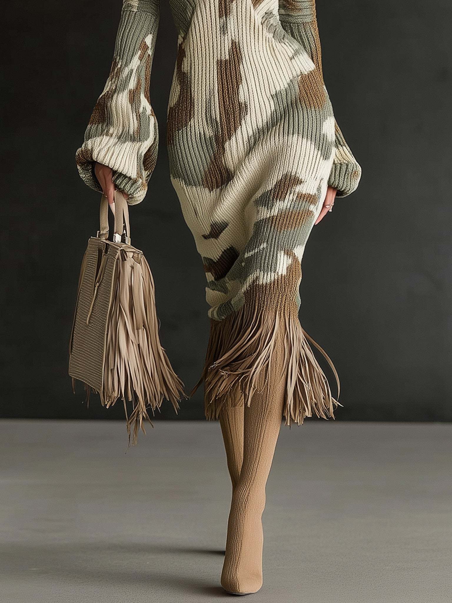 Olive Camo Knit Fringe Hem Long Sleeve Midi Dress