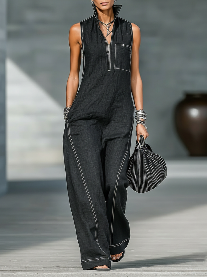 Women's Minimalist Loose-fitting White Trim Sleeveless Jumpsuit MDA3086L9Y