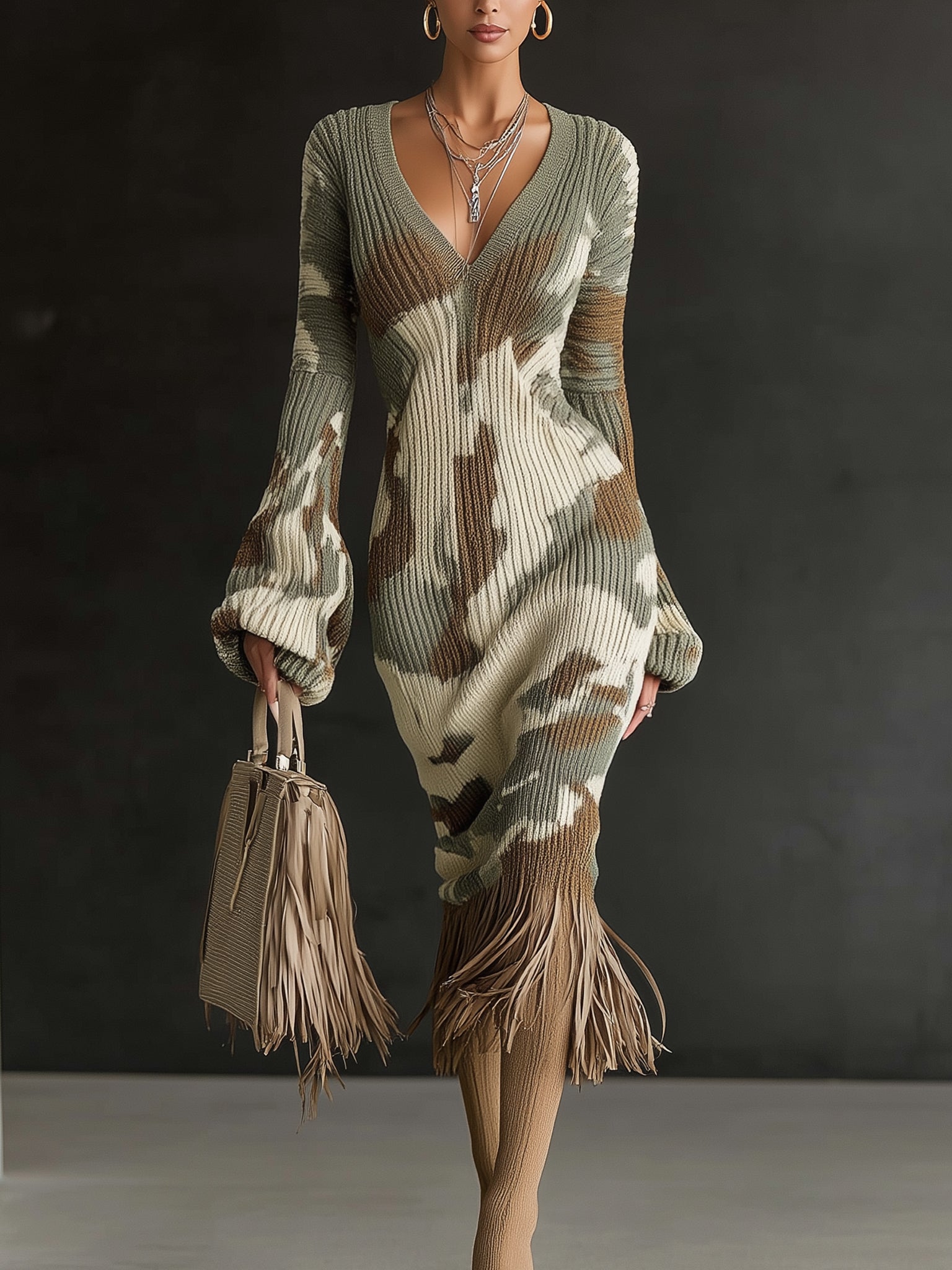 Olive Camo Knit Fringe Hem Long Sleeve Midi Dress