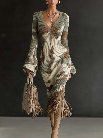 Olive Camo Knit Fringe Hem Long Sleeve Midi Dress
