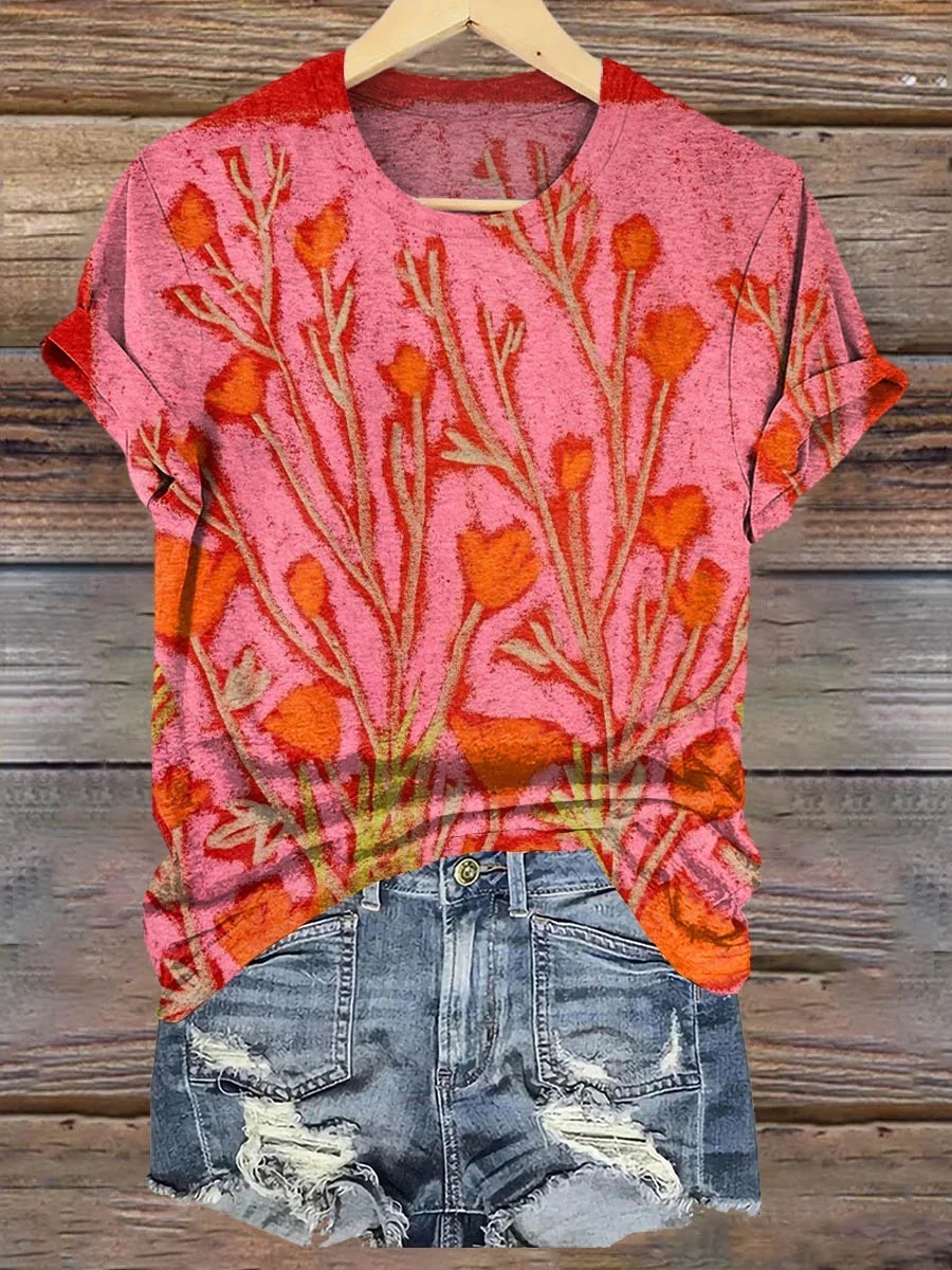 Vintage Floral Art Print Cotton Crew Tee-1