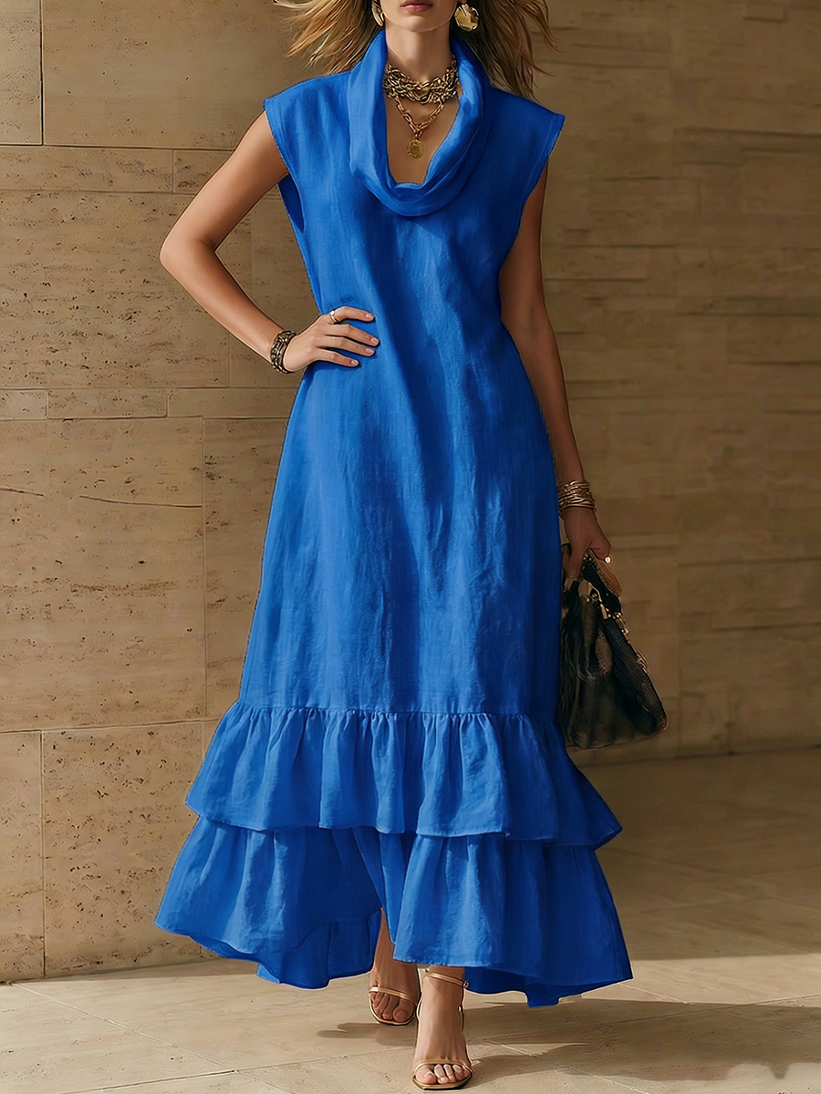 Elegant Cowl-neck Loose-fit Cotton-linen Maxi Dress