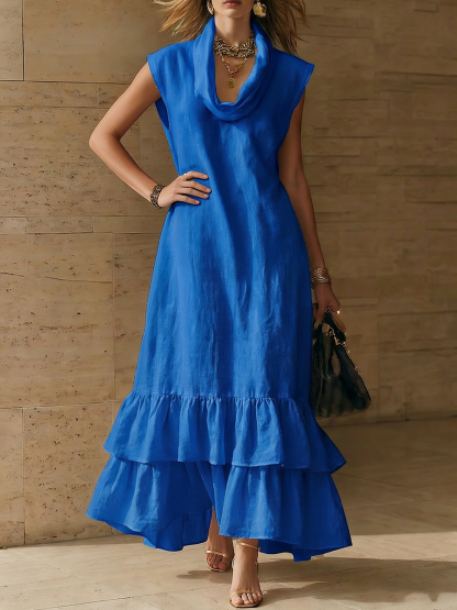 Elegant Cowl-neck Loose-fit Cotton-linen Maxi Dress