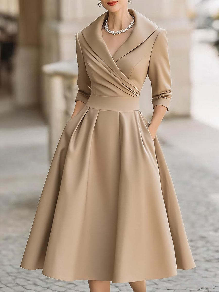 Vintage-Inspired Satin Midi Dress With Draped Collar