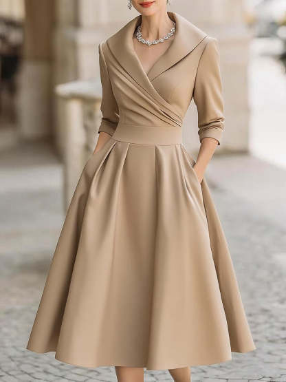 Vintage-Inspired Satin Midi Dress With Draped Collar