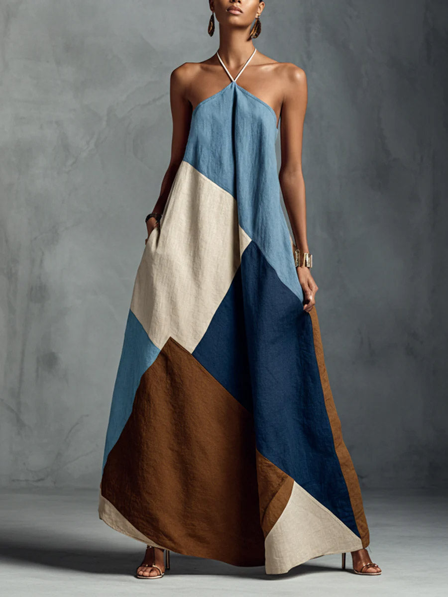 Women's Halter-neck Sleeveless Cotton-linen Printed Dress