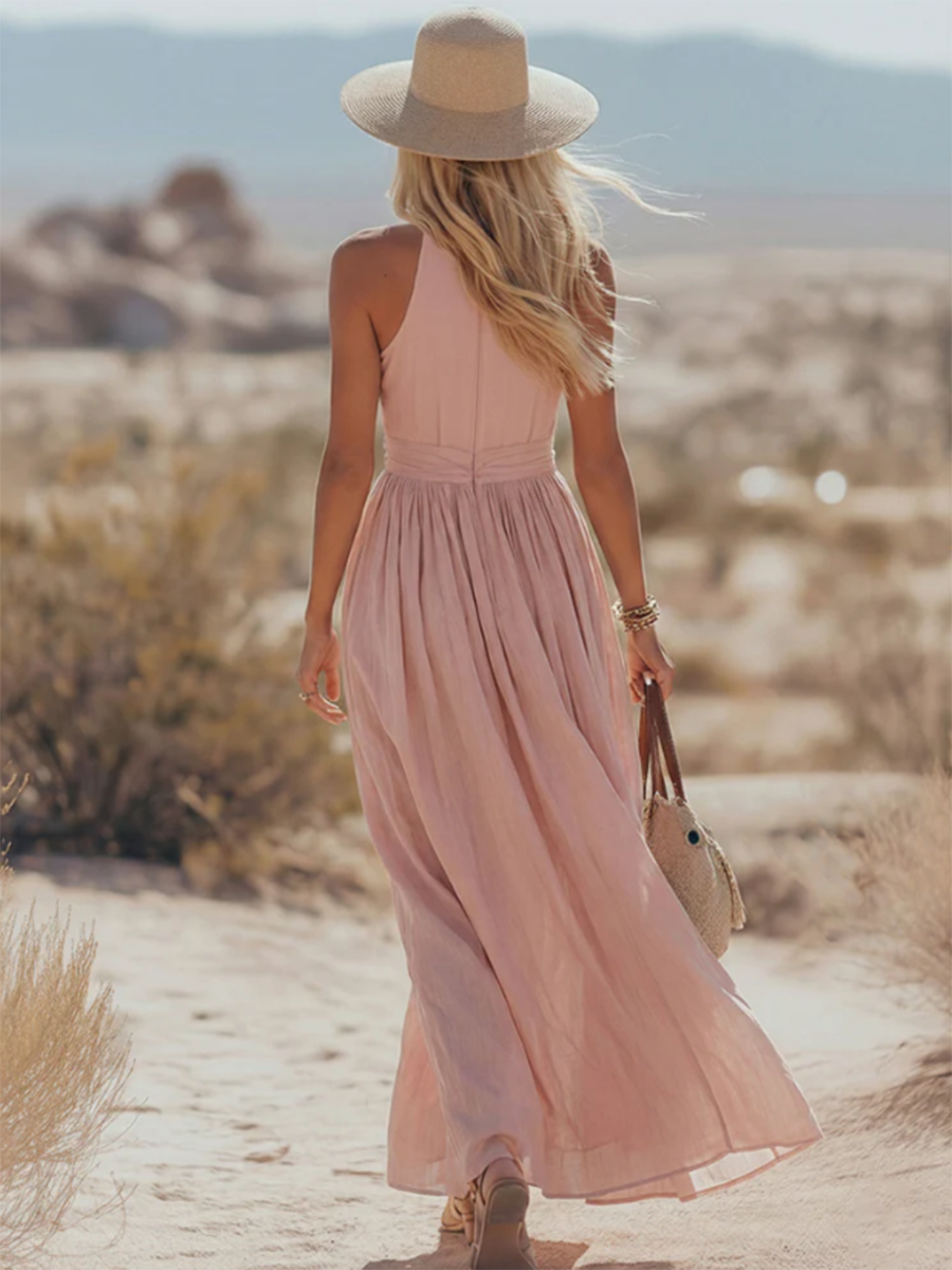 Stylish & Sexy Halter-neck Cotton-linen Maxi Dress