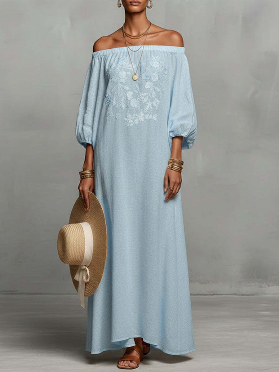 Women's Round Neck Long Sleeve Casual Loose Linen Dress