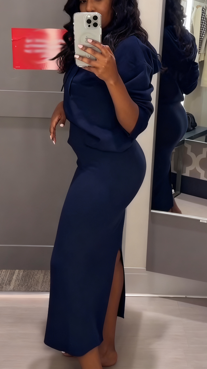 Women Round Neck Drawstring Top+ Skirt Solid Color Casual Set