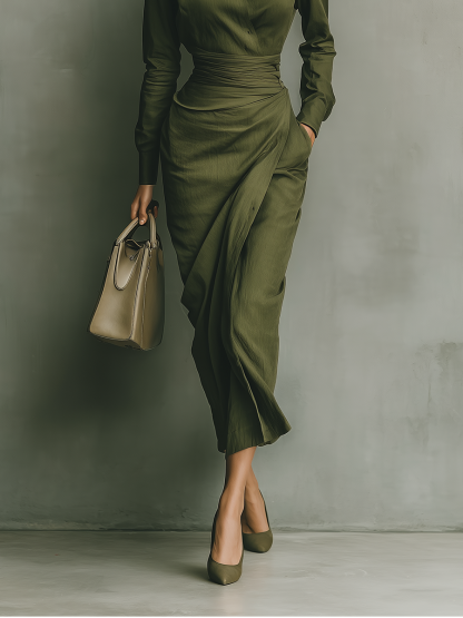 Women's Army Green Cotton Blended Maxi Dress