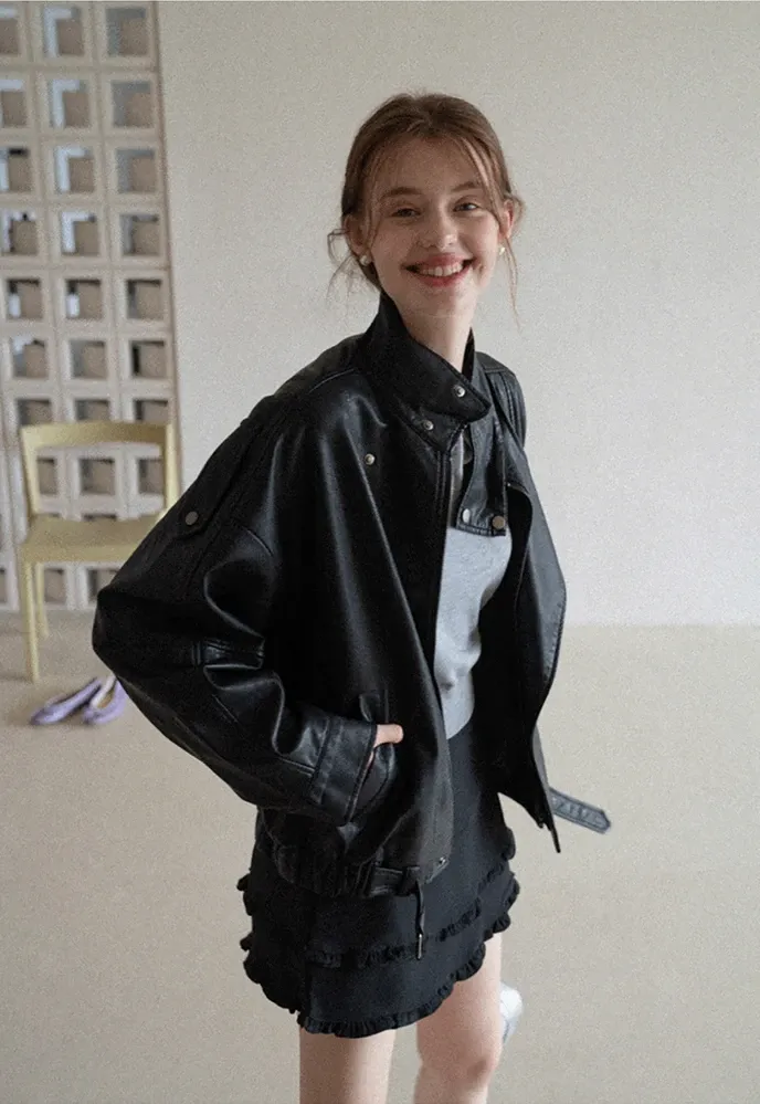 Funnel-Neck Leather Jacket