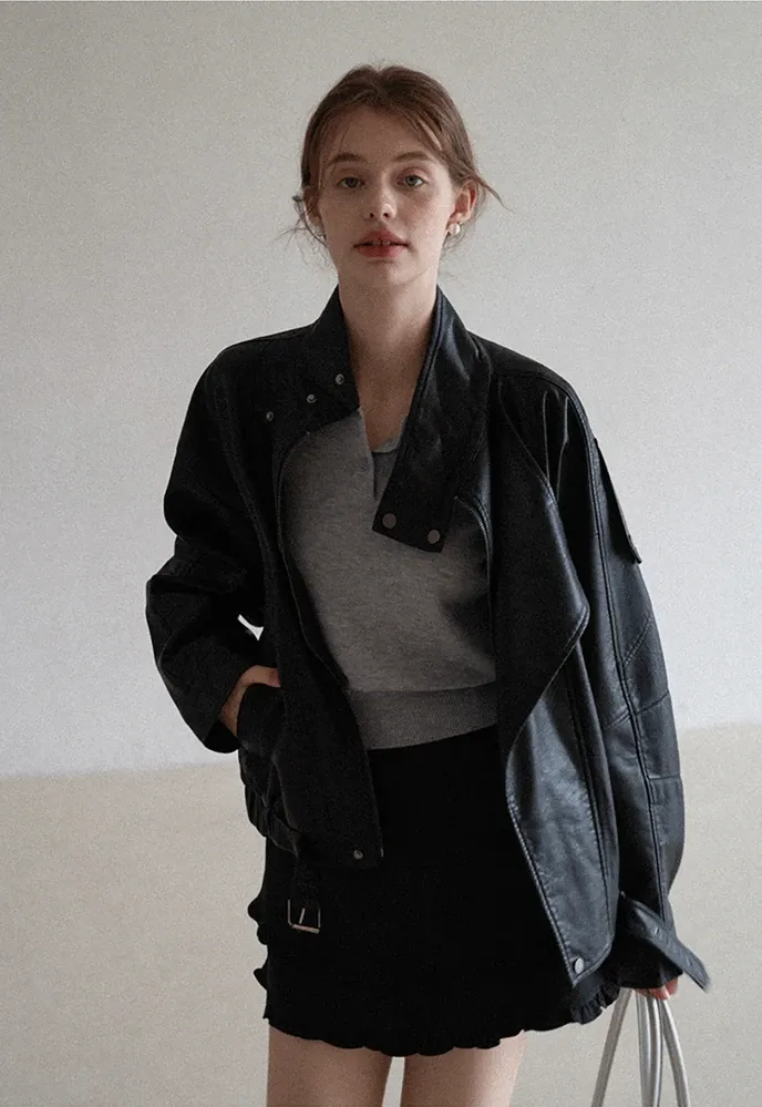 Funnel-Neck Leather Jacket
