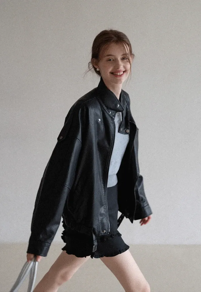 Funnel-Neck Leather Jacket