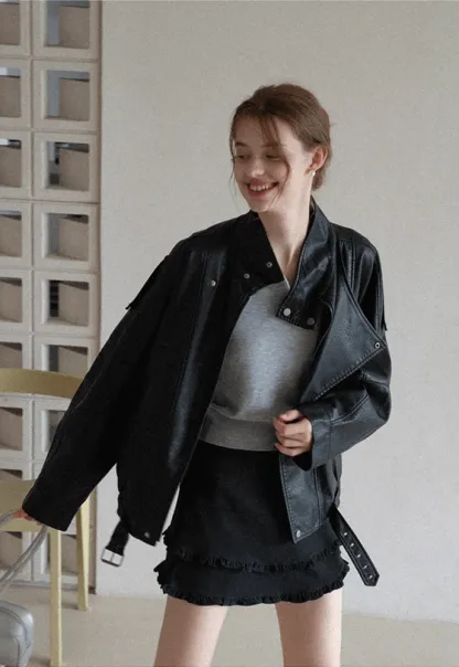 Funnel-Neck Leather Jacket