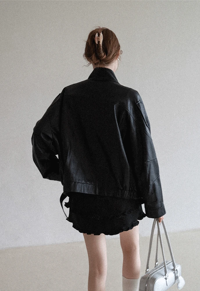 Funnel-Neck Leather Jacket