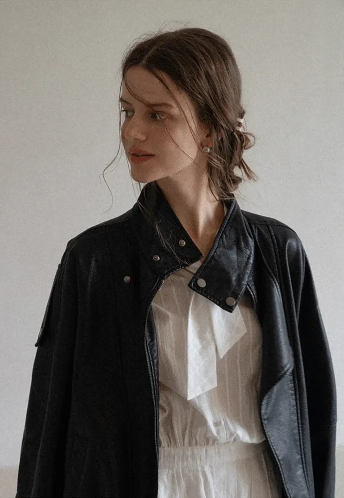 Funnel-Neck Leather Jacket
