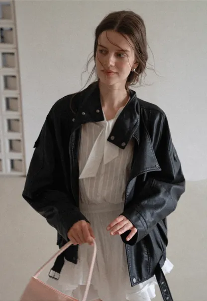 Funnel-Neck Leather Jacket