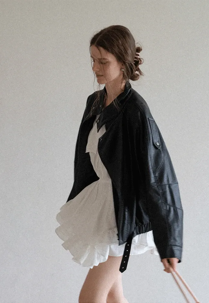 Funnel-Neck Leather Jacket