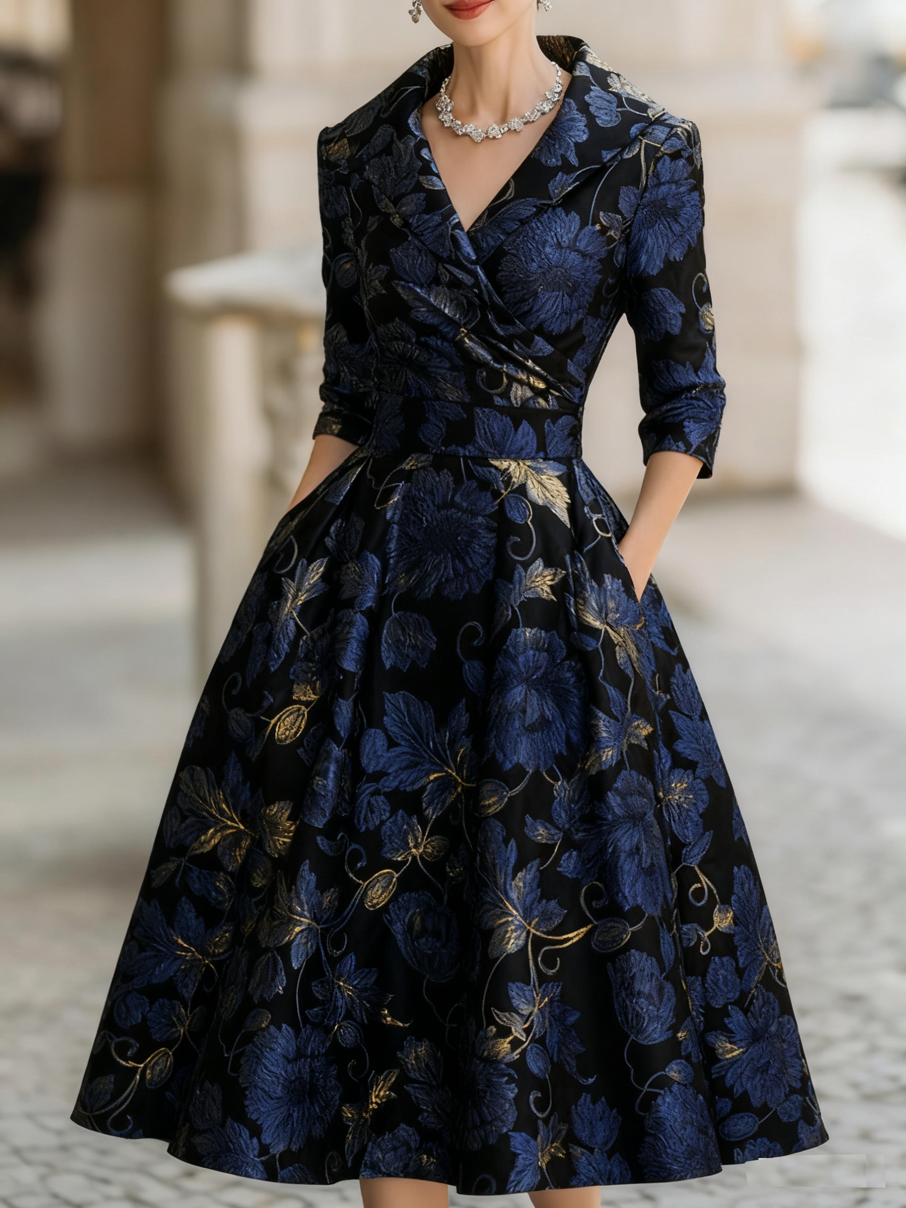 Vintage floral jacquard mid-length dress