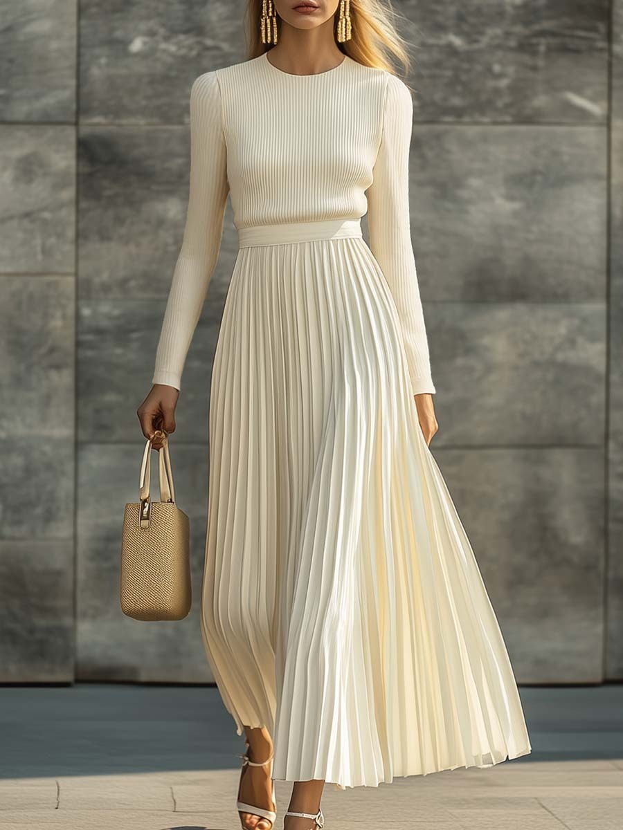 Elegant Casual And Comfortable Long-sleeved Cream Knitted Satin Pleate