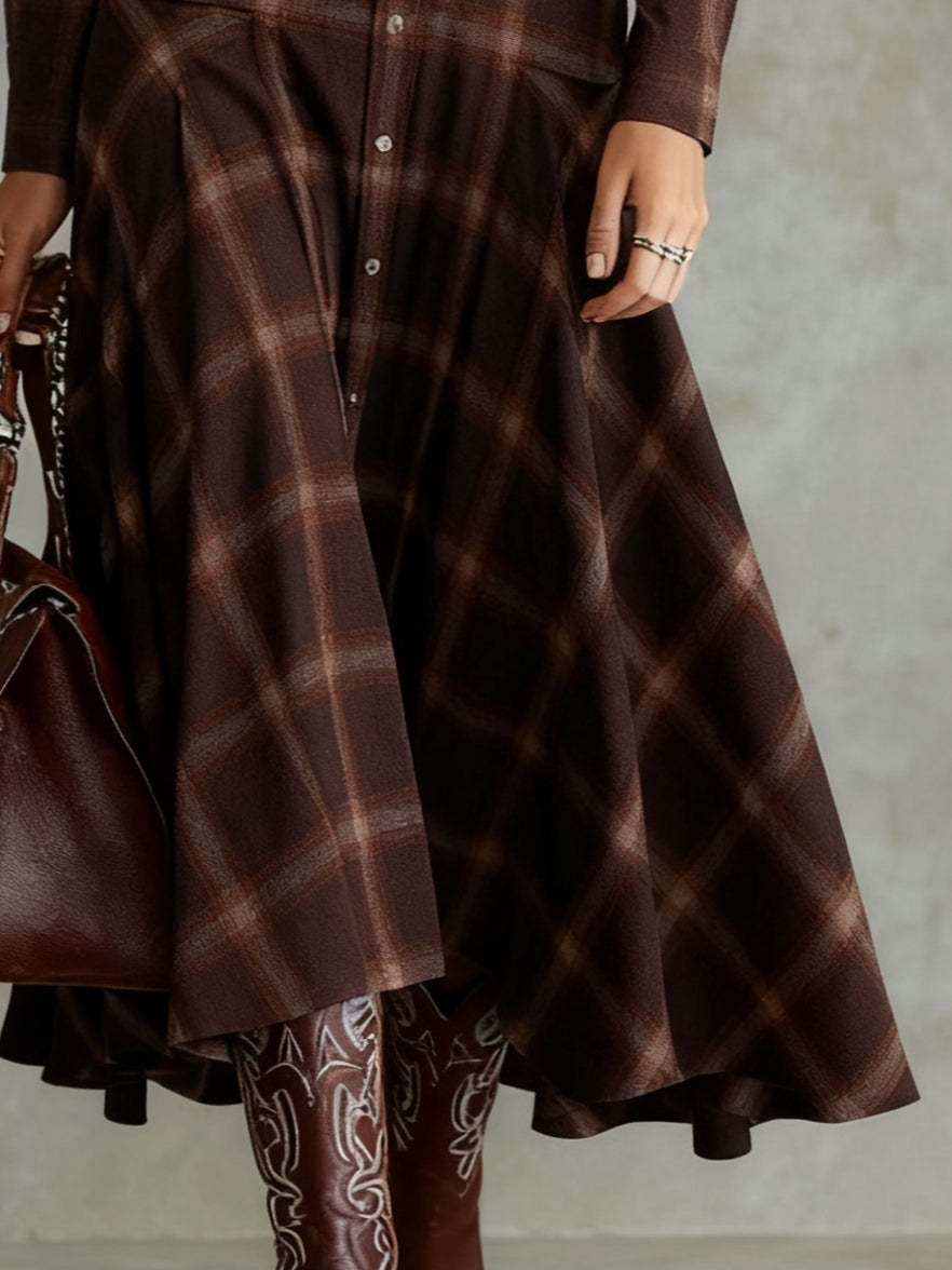 Vintage Dark Brown Plaid Single-breasted Button-down Shirt Dress