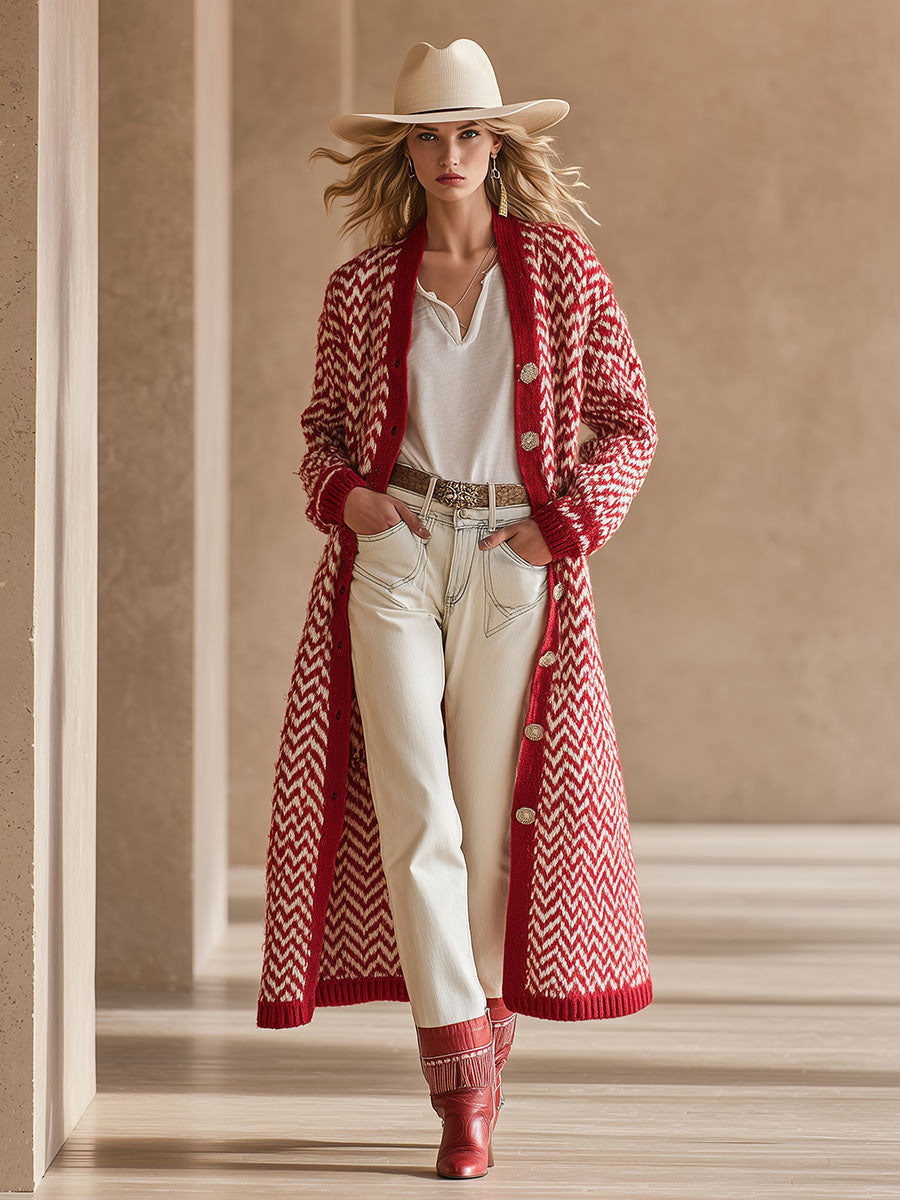 High-end Fashionable Red Herringbone Knitted Mid-length Cardigan
