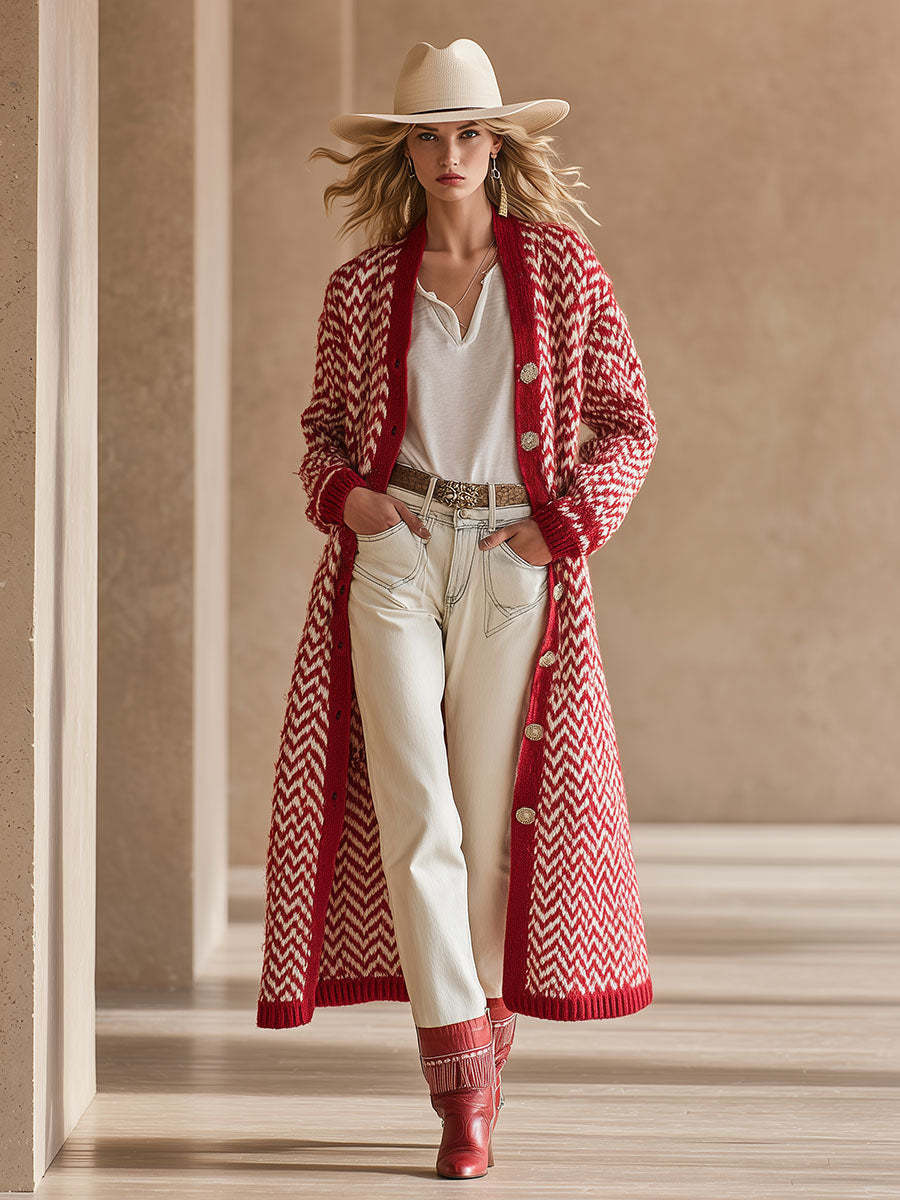 High-end Fashionable Red Herringbone Knitted Mid-length Cardigan