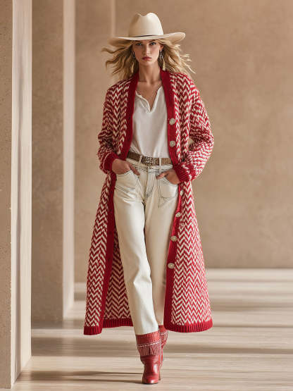 High-end Fashionable Red Herringbone Knitted Mid-length Cardigan