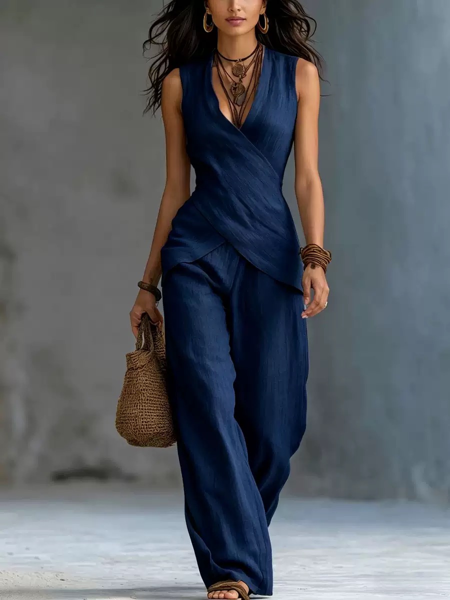 Elegant Off-white Linen Crossover Top And Wide-leg Pants Set