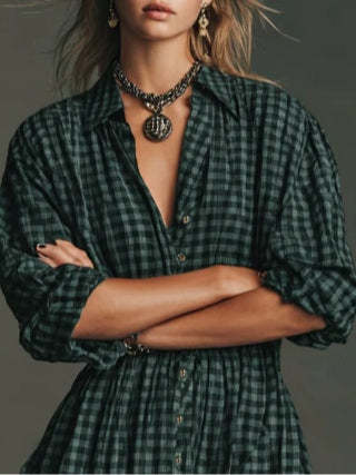 Dark Green Plaid Long Sleeve Shirt Maxi Dress