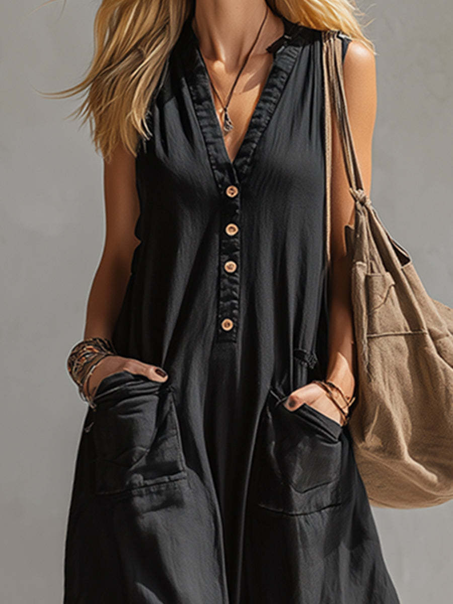 Elegant Urban-style Black Cotton And Linen Sleeveless Jumpsuit