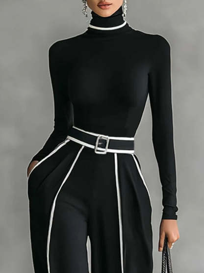 White Trim High-neck Long-sleeved Top With Wide-leg Pants and Belt Set