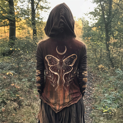 Moth Mystical Moon Phase Bleached Handmade Hoodie