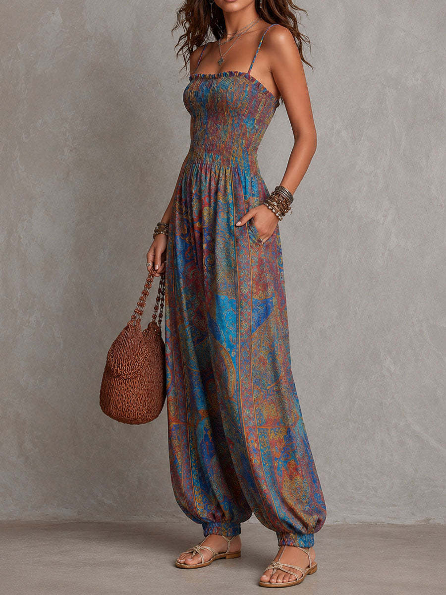 Boho Paisley Print Smocked Bodice Harem Jumpsuit