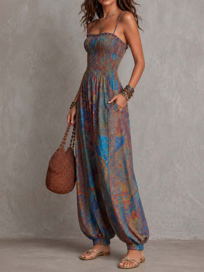 Boho Paisley Print Smocked Bodice Harem Jumpsuit