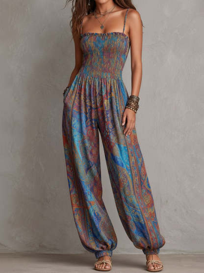 Boho Paisley Print Smocked Bodice Harem Jumpsuit